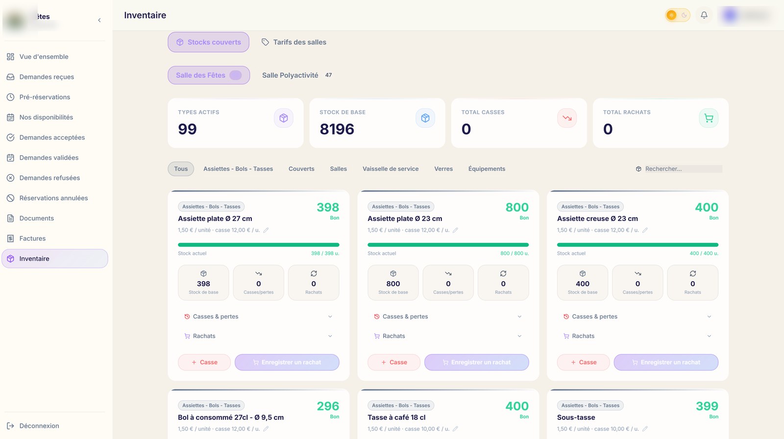 Application web sur mesure de gestion des salles des fêtes pour une mairie française — tableau de bord d'inventaire des couverts, locations et facturation (Next.js, PostgreSQL, noms anonymisés)